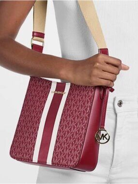 New Michael Kors Jet Set Small Signature Logo Stripe Crossbody Bag Cherry Multi